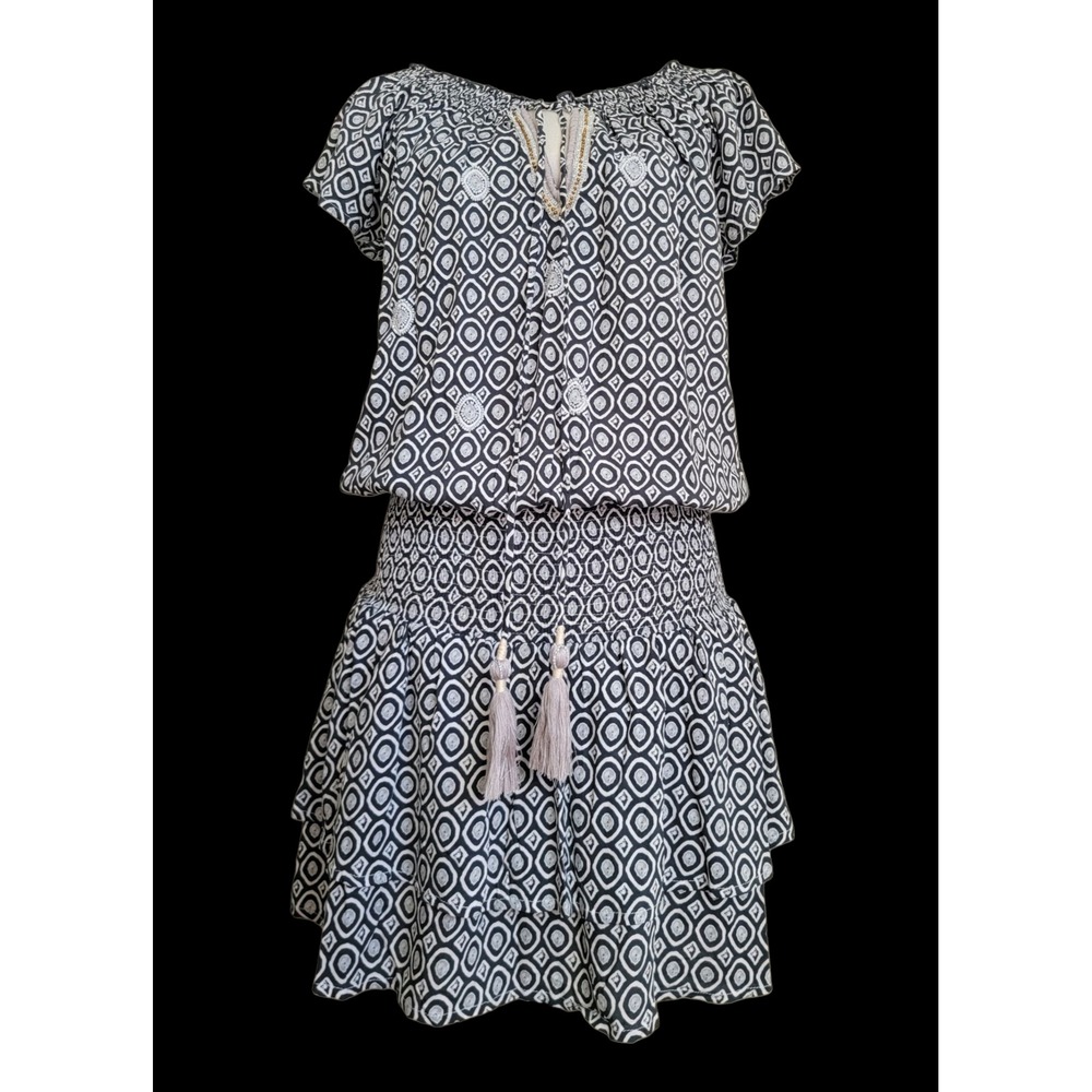 Skemo Geometric Print Boho Gypsy Beaded Tassel Smocked Mini Dress Medium Sunner